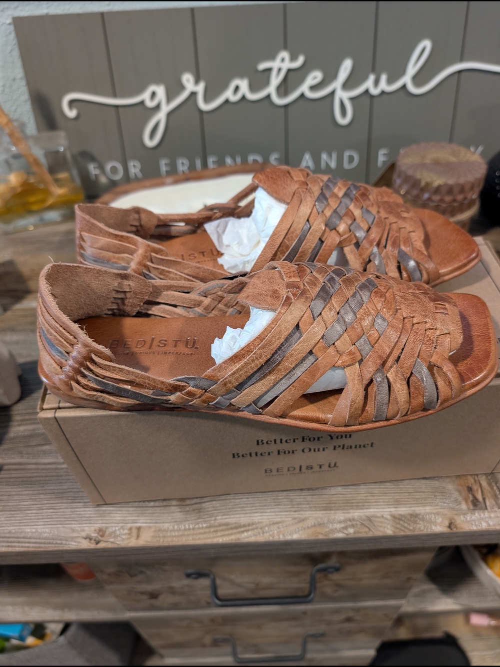 BED|STU Brown Woven Leather Slide Sandals